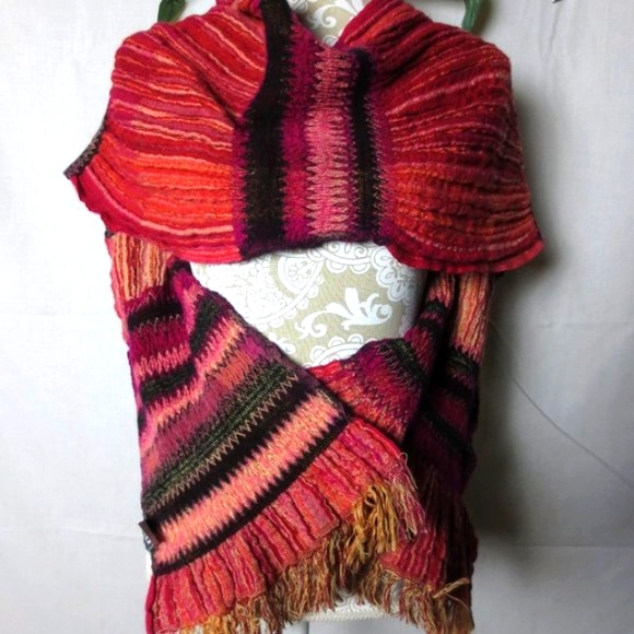 OM Boho Orange Pink Gold Black Eclectic Stripes Warm Wool Blend Fringe Scarf - Picture 2 of 7